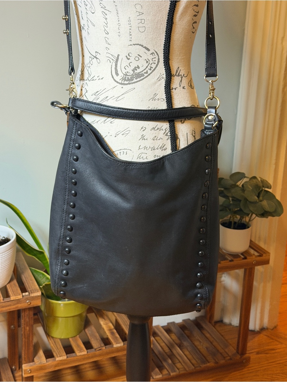 Loeffler Randall Black Leather Studded Hobo Shoulder Crossbody Bag Convertible
